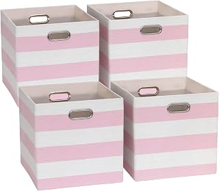 11 x 11 x 11 Inch Linen Stripe Storage Cubes for Home Organizing, Pack of 4 | Collapsible Fabric Bins with Handles, Striped Boxes for Office Wardrobe Closet Shelf Organizing
