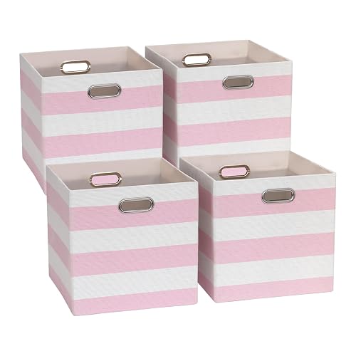11 x 11 x 11 Inch Linen Stripe Storage Cubes for Home Organizing, Pack of 4 | Collapsible Fabric Bins with Handles, Striped Boxes for Office Wardrobe Closet Shelf Organizing