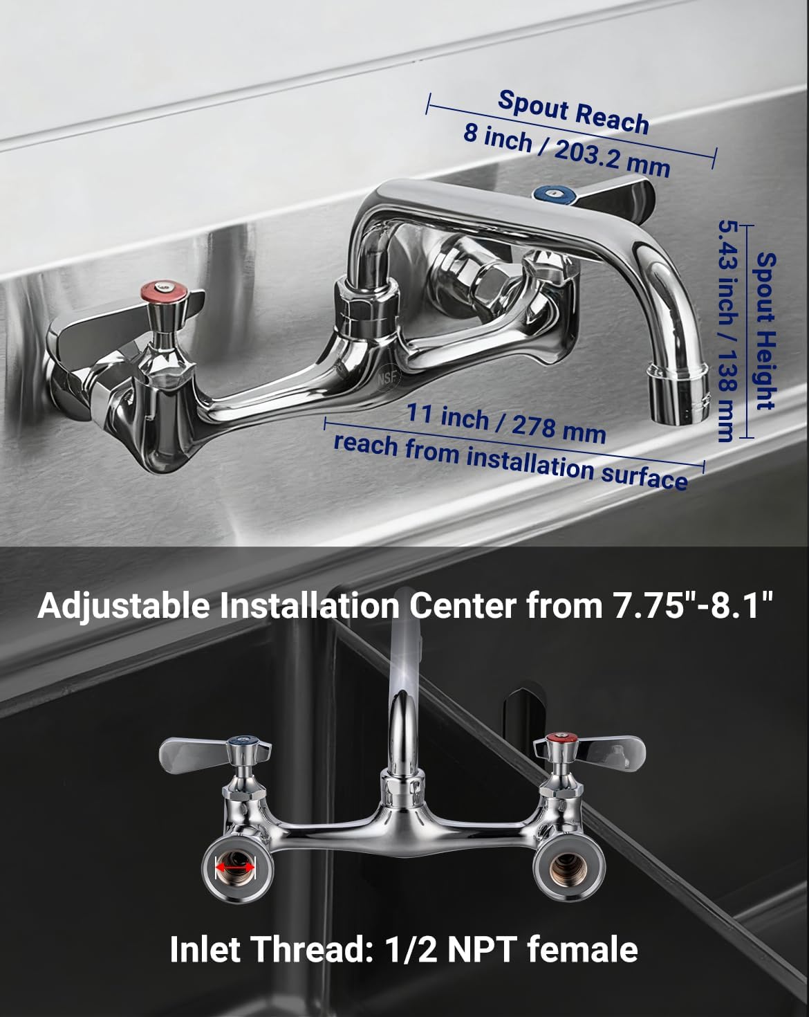 NSF Certified Lead-Free Commercial Sink Faucet 8 inch Center Spread, Wall Mount Kitchen Sink Faucet 2 Hole with 8" Swivel Spout, Brass Faucet with Ceramic Valve, Installation Kit Included