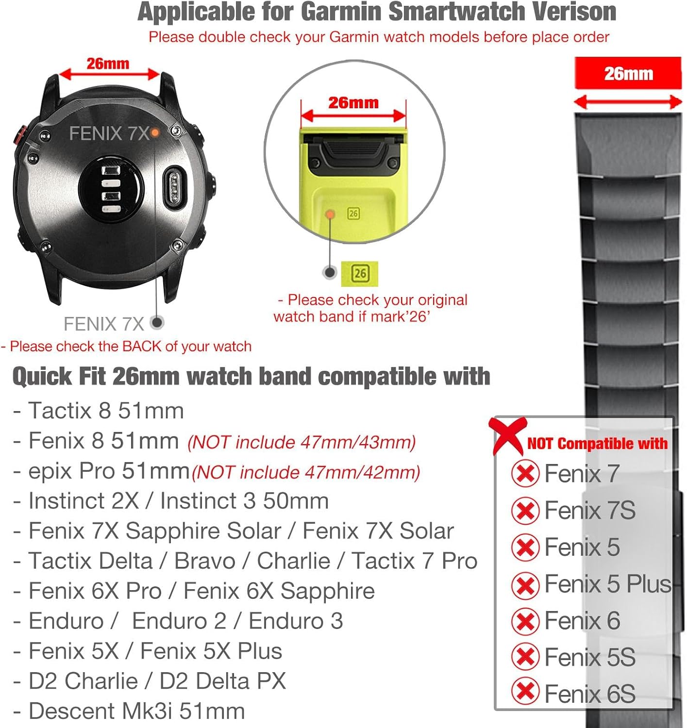 Abanen Titanium Quick Fit 26 Watch Band for Garmin Fenix 8 51mm / EPIX Pro 51mm / Fenix 7X / Fenix 6X 5X / Enduro, Lightweight Metal Wrist Strap with Stainless Steel Buckle for Tactix 7 Pro - Image 3