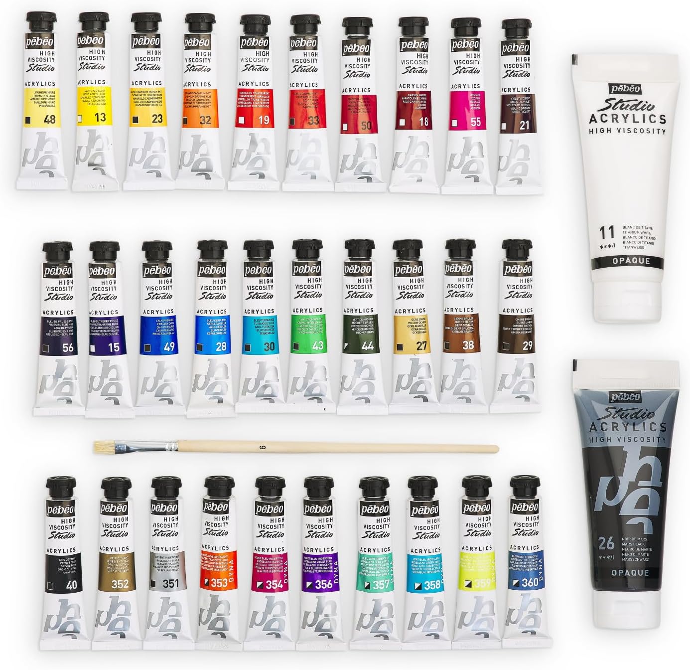Pebeo Studio Acrylics Acrylic Paint Set, Complementary Colours, 30 x 20 ml + 2 x 100 ml + Brush
