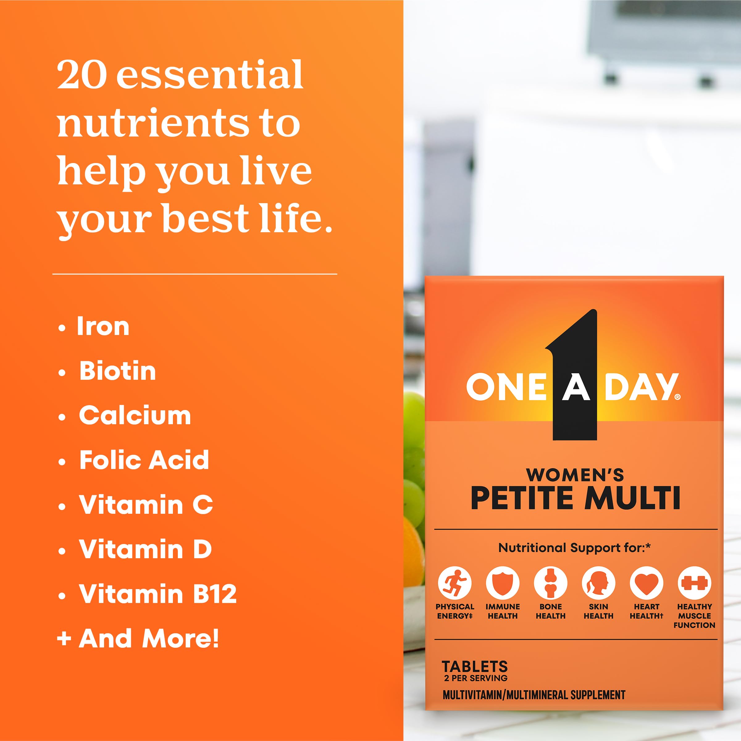 One A Day Women’s Petites Multivitamin,Supplement with Vitamin A, C, D, E and Zinc for Immune Health Support, B Vitamins, Biotin, Folate (as folic acid) & more,Tablet, 160 count — Amazon image 4