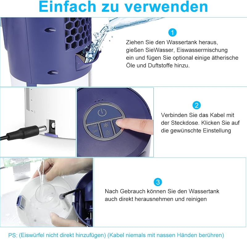 Renfox Mini Légkondicionáló Hordozható Léghűtő 4in1 Ventilátor Párásító 3 Fokozat LED Kék Otthon Iroda