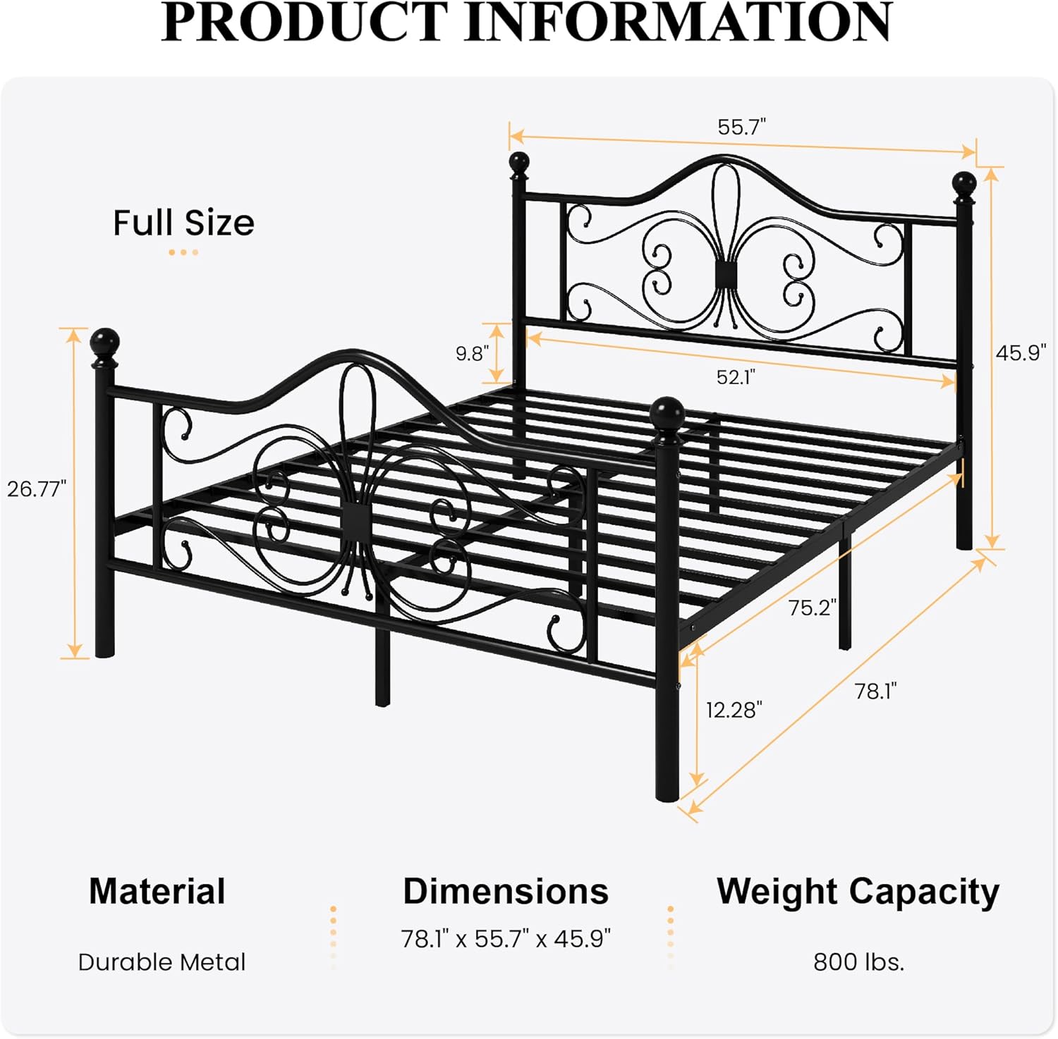 SHA CERLIN Full Size Bed Frame with Headboard,Metal Bed Frame with Butterfly Pattern Design Headboard & Footboard,No Box Spring Needed,Easy Assembly,Black
