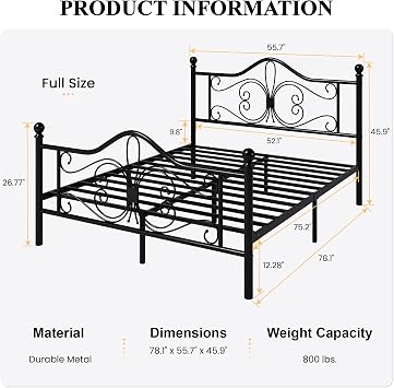 SHA CERLIN Full Size Bed Frame with Headboard,Metal Bed Frame with Butterfly Pattern Design Headboard & Footboard,No Box Spring Needed,Easy Assembly,Black