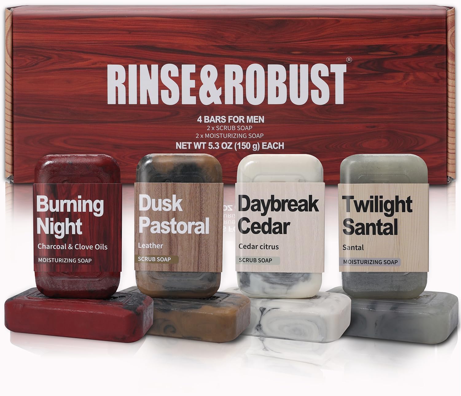 Bar Soap for Men - 4Pcs Exfoliating & Moisturizing 4-in-1 Cleansing Bar Set for Face, Body, Hands & Shave | All Skin Types | Luxury Fathers Day Gift Set(4 x 5.3 oz)