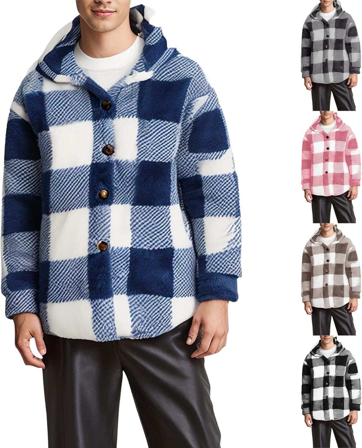Mens Sherpa Lined Plaid Flannel Button Up Jacket Fall Winter Fleece Coat Warm Casual Shirt Jackets with Pockets