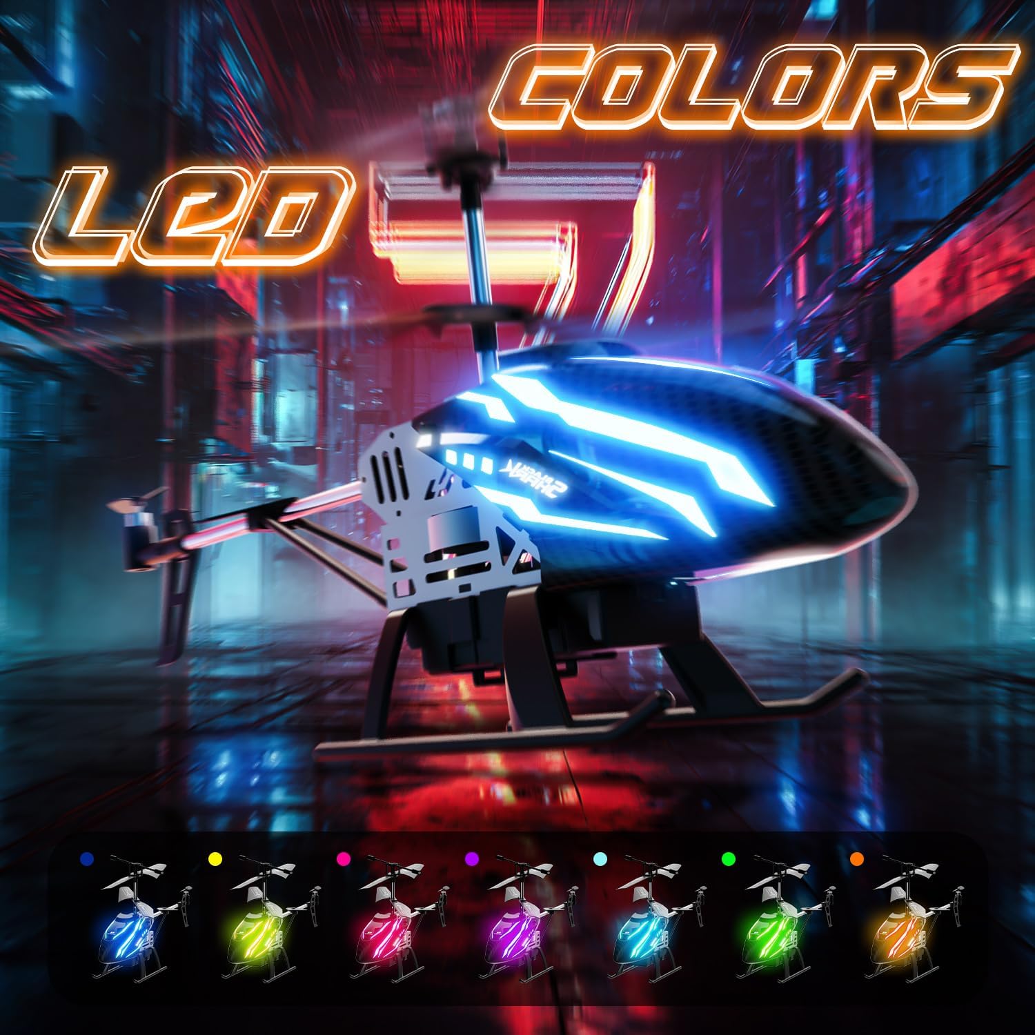 DEERC DE23 Helicopter with LED lights illuminated.