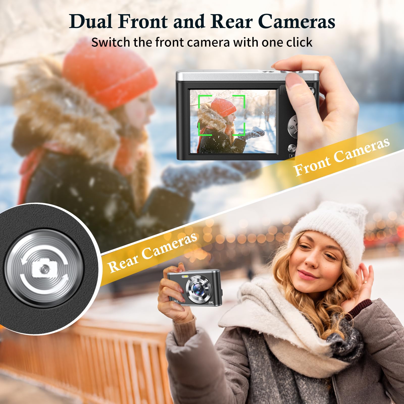 Cámara Digital 4K Ultra HD 48MP, Cámara de Fotos con Doble Lente, Zoom 16X, Tarjeta SD 32GB y 2 Baterías, Cámara Vlogging Portátil para Principiantes