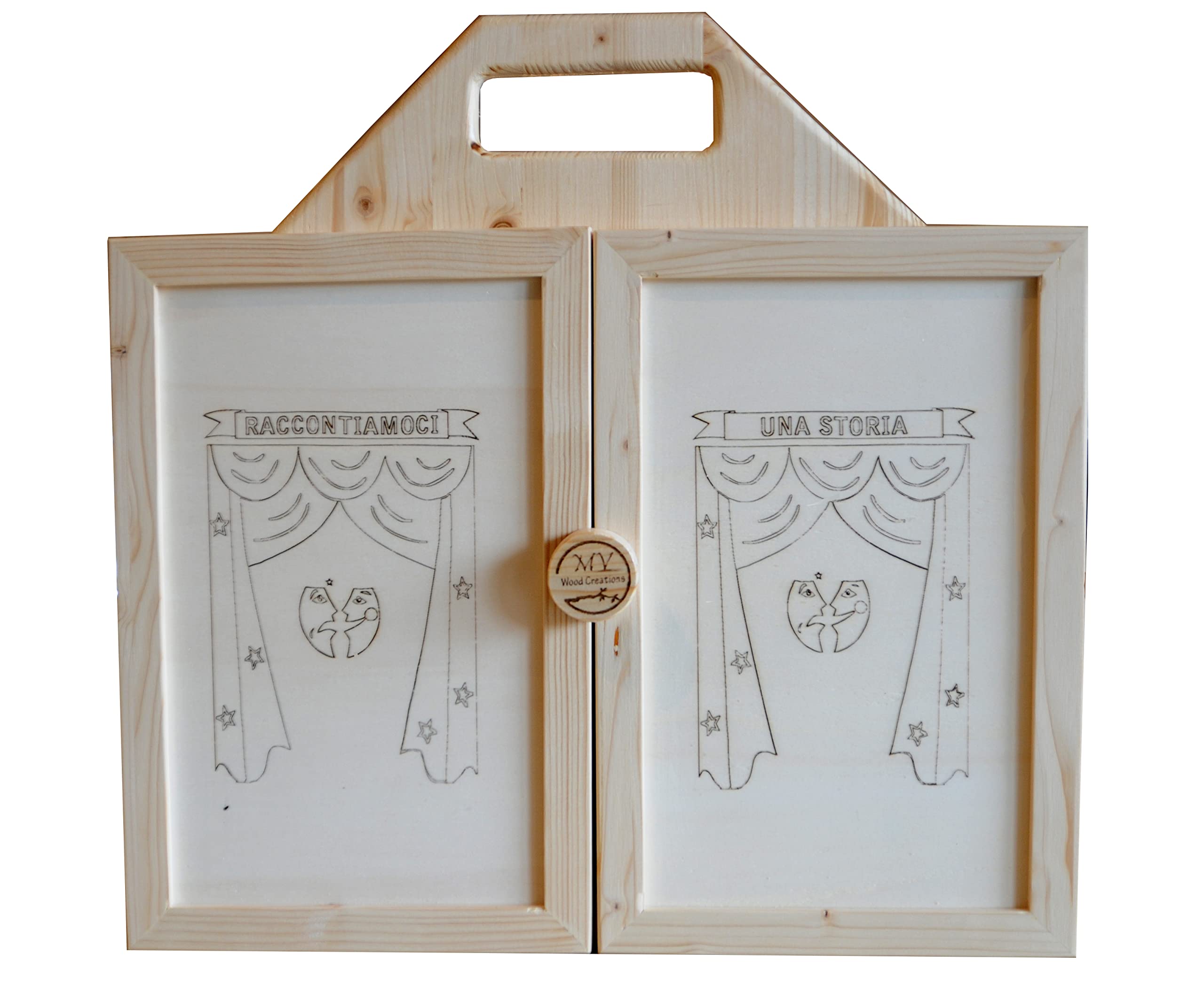 Teatrino in Legno fatto a Mano, Gioco Portatile per Bambini. Kamishibai. Teatro Giapponese delle Ombre + Scatola con Personaggi, Marionette in Legno "Favola I Tre Porcellini".