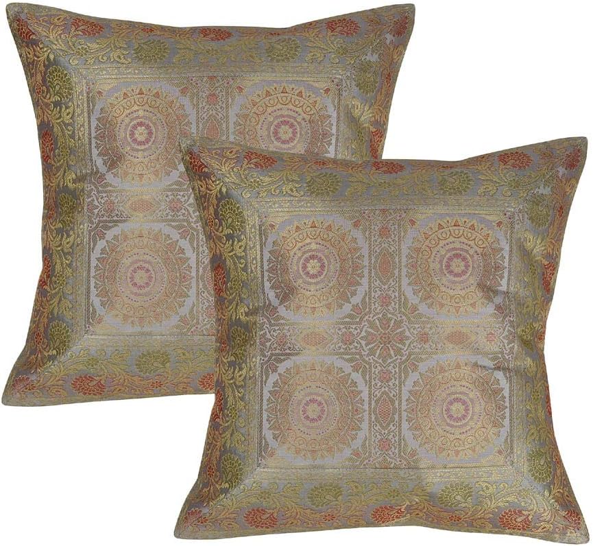 Lalhaveli Decorative Mandala Design Indian Banarasi Silk Square Cushion Covers 16x16 inch (40x40 cm) (2 Pc)