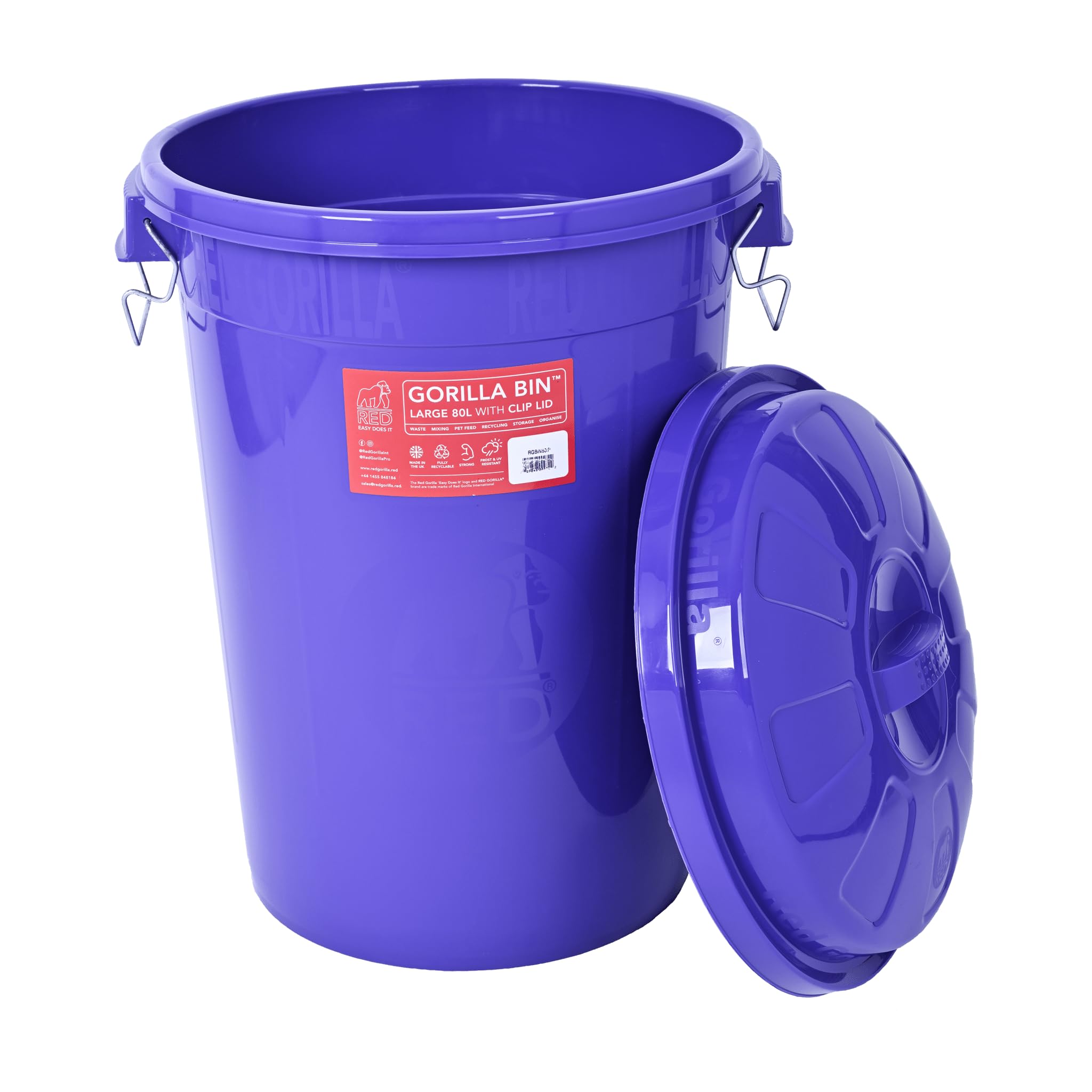Red Gorilla Bin 80 Litre with Clip Lid Purple Stackable Storage Plastic Lightweight Weather Resistant Frost Proof for Indoor Outdoor Waterproof Waste Bin for Garden Garage Kitchen Home Recycling