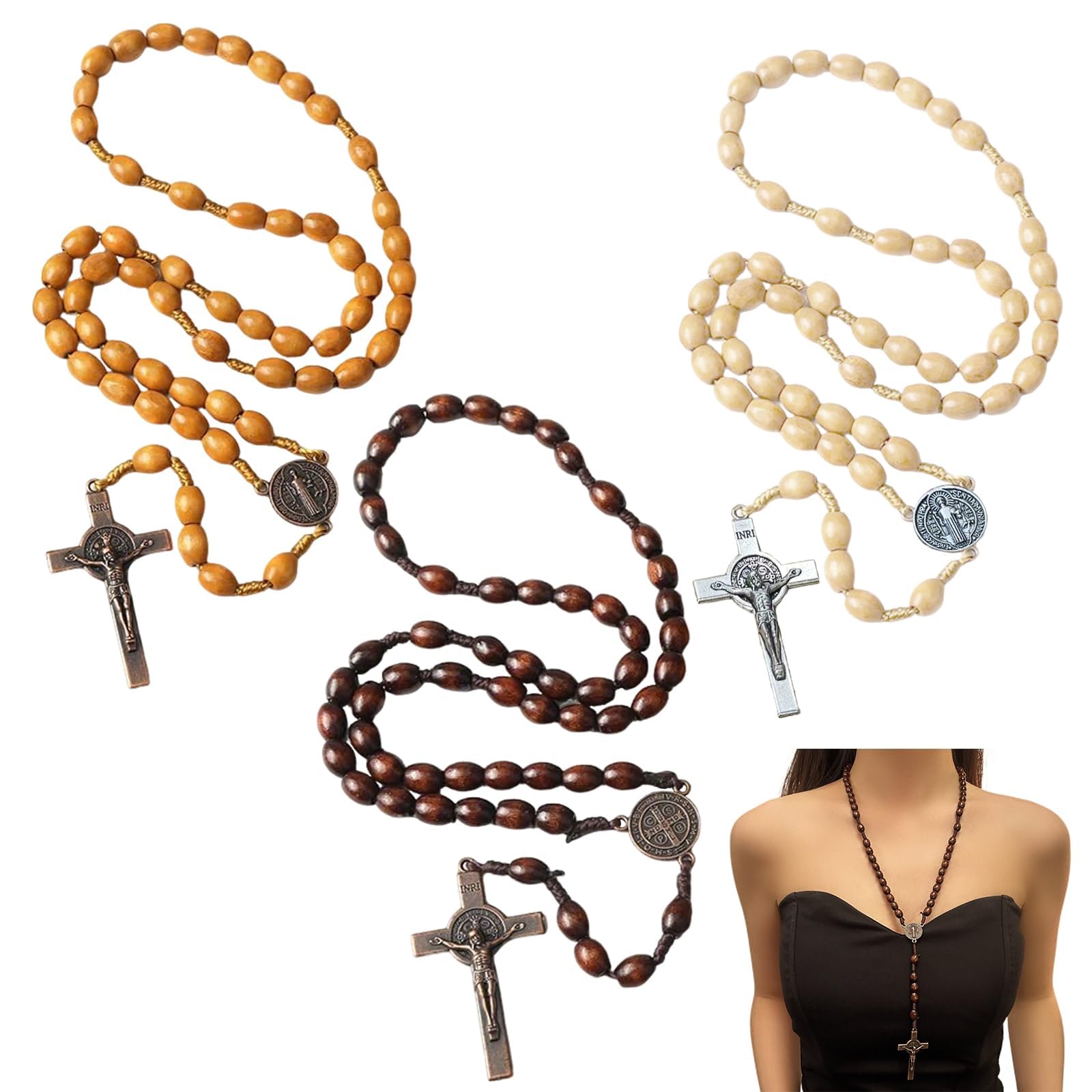 Croce in Legno con Rosario Cattolico, Collier Femme Mini Croce, Collana Personalizzata Bead Mala Uomo Donna Gioielli, Collana Classica in Legno con Perle Rotonde Rosario