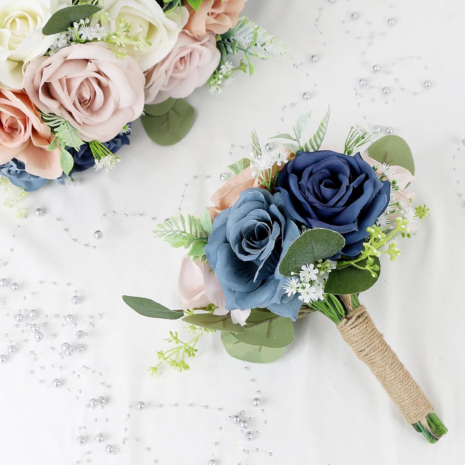 Bridesmaid Bouquets for Wedding - 7 Inch Artificial Flowers Bouquets for Ceremony Anniversary Centerpieces Decorations - Navy Blue & Dustyblue & Pink - Image 4