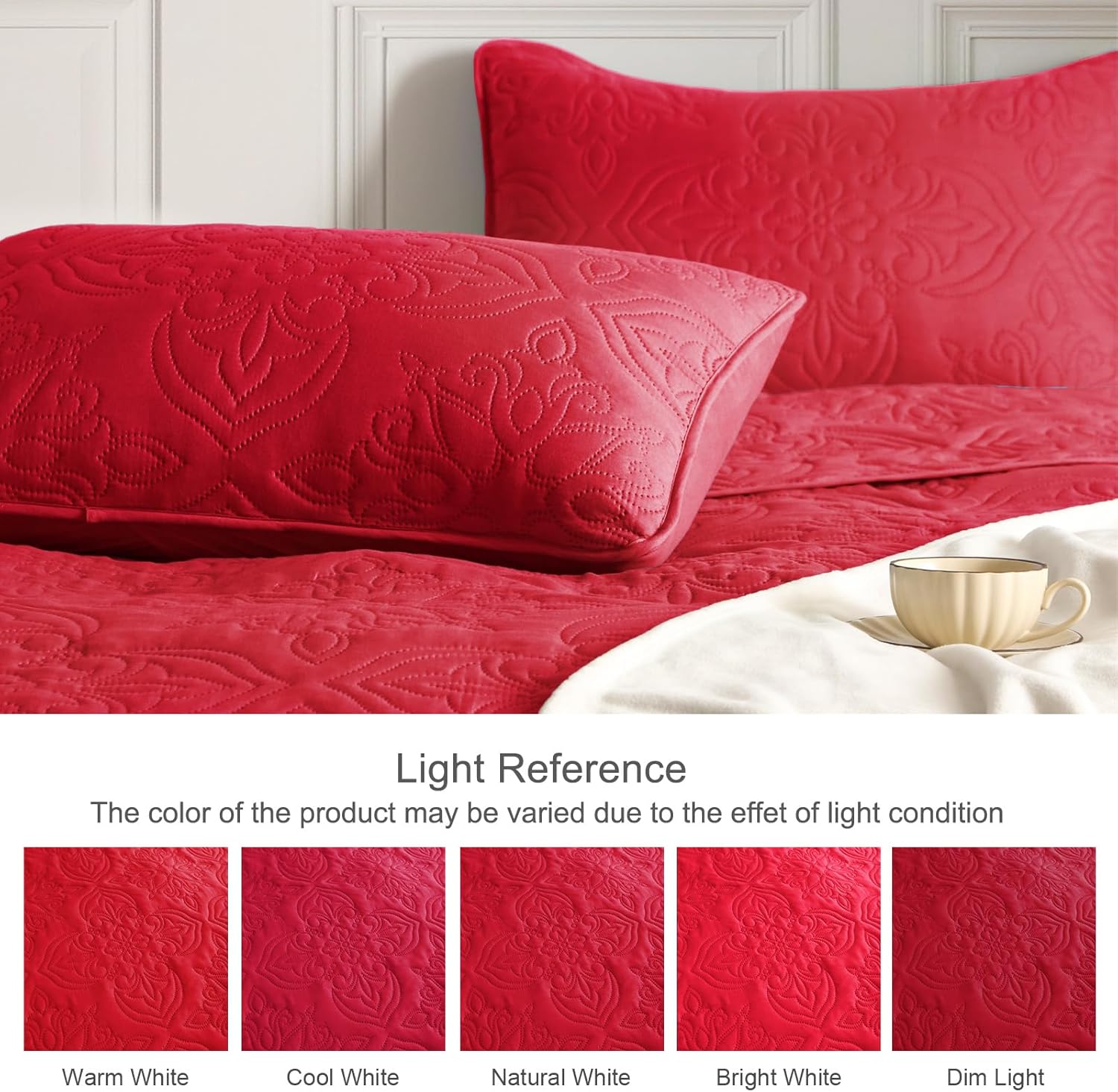 Whale Flotilla Soft King Quilt Bedding Set for All Seasons, Elegant Vintage Damask Ultrasonic Quilts Set, Lightweight Reversible Bedspread, Coverlet, Bed Cover with 2 Pillow Shams, Red - Image 4