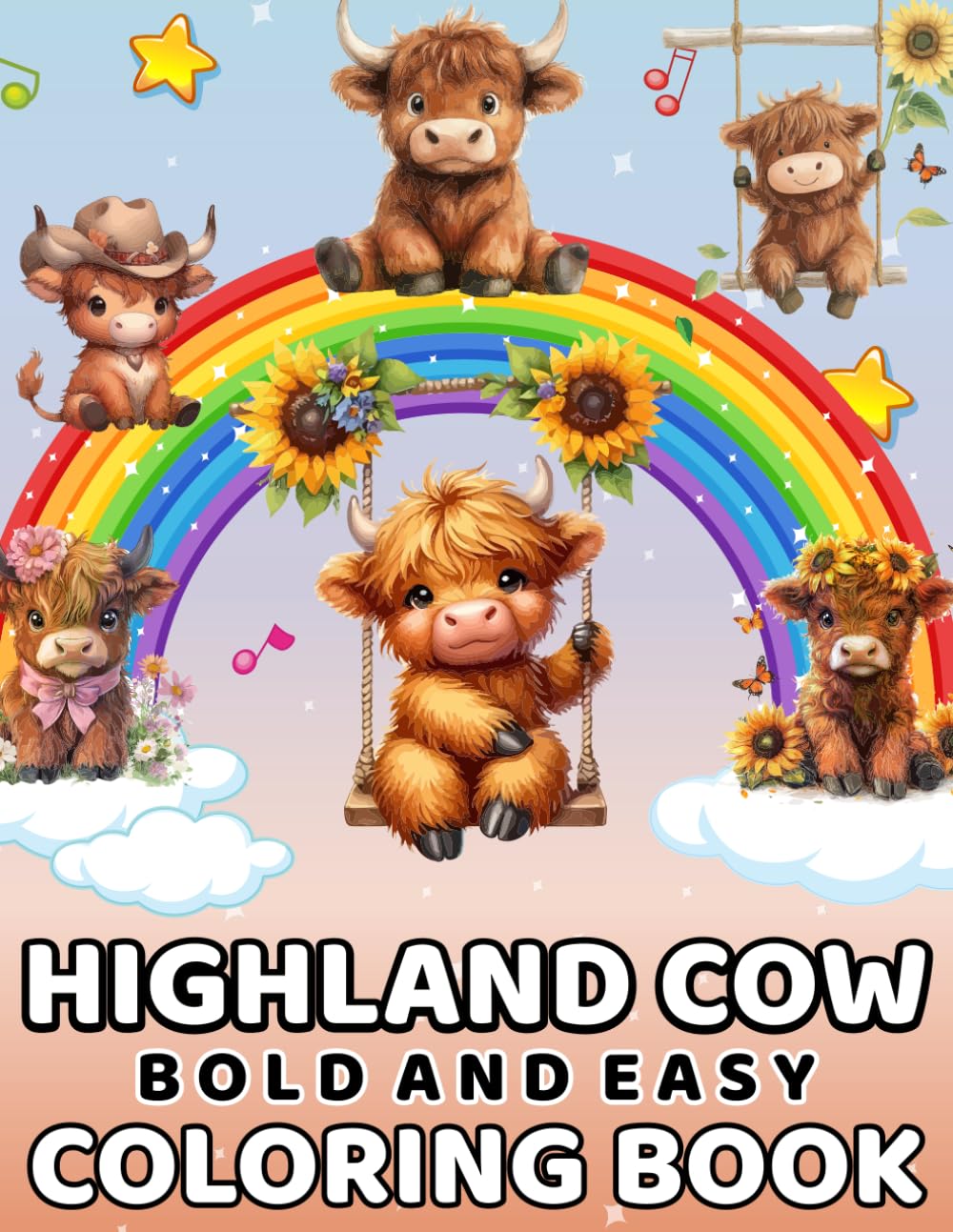 HIGHLAND COW BOLD AND EASY COLORING BOOK: Adorable highland cow designs with bold lines and engaging facts on each page for relaxing coloring and creative discovery