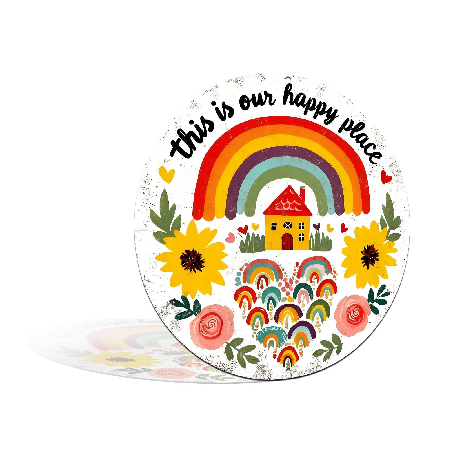 This Is Our Happy Place Metal Funny Aluminum Sign Wall Decor for Living Room, Bedroom, Cafe - 8x8 Inches Cheerful Wall Art with Rainbow & Home Design (25212)