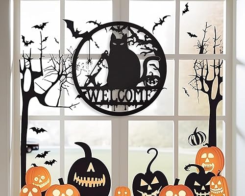 Miniatura 6 de Letrero de bienvenida gótico, decoración de Halloween, letrero de bienvenida de gato de 12 x 12 pulgadas, decoración de metal para porche al aire
