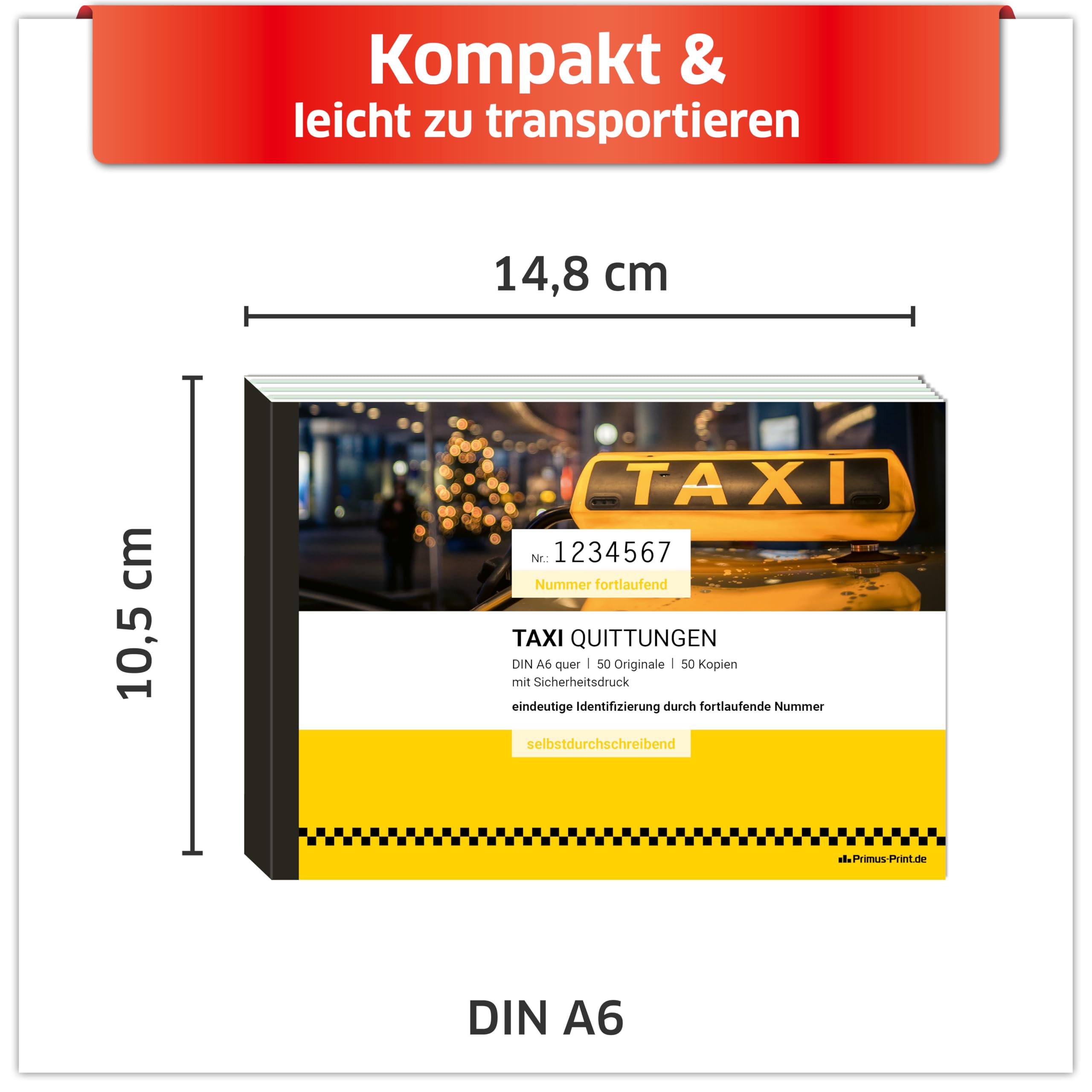 Primus Print TAXI Quittungsblock 5x DIN A6 quer & gelocht, 2x50 Blatt mit Durchschlag, selbstdurchschreibend, mit Perforation und Nummerierung - Quittung - Rechnungsblock - Taxi-Fahrpreisquittung