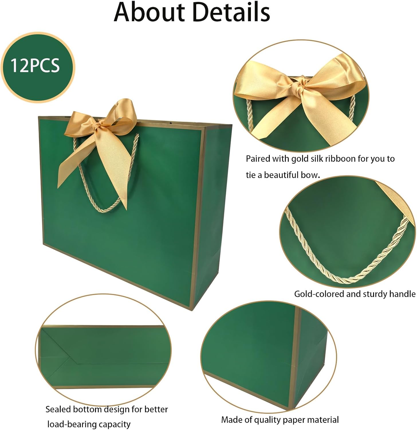 TKSBAG 12PCS Gift Bags Medium Size with Handles, 12.5 x 9.8 x 4.3 In Green Gold Thank You Bags with Bow Ribbon for Wedding, Birthday, bridesmaid, Party Favors, Thanksgiving, Christmas - Image 2