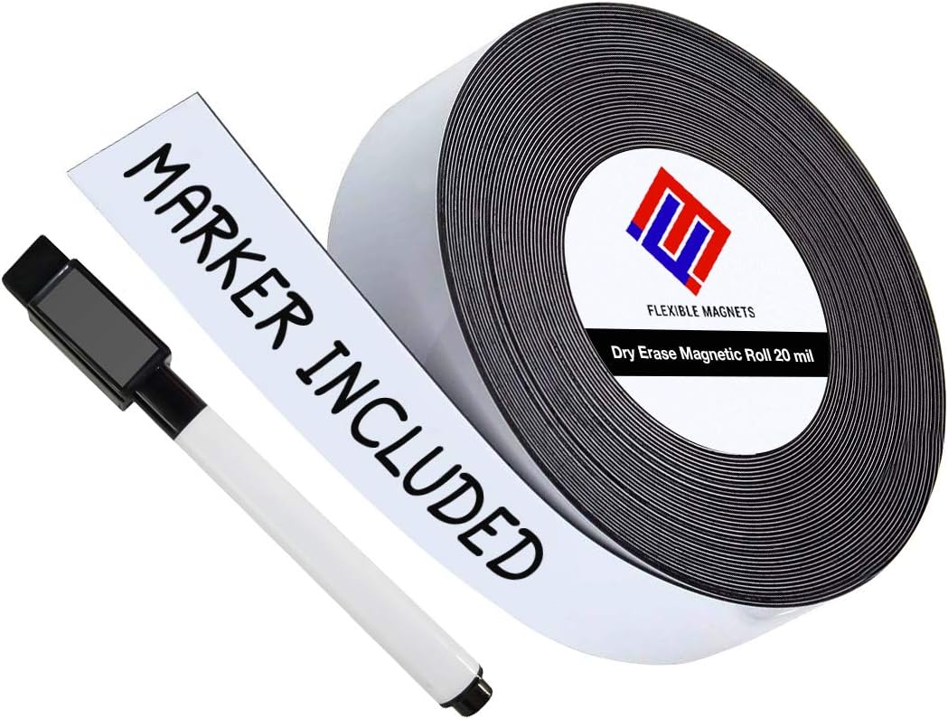 Dry Erase Magnetic Strips - Roll of Writable Whiteboard Magnets - Writable Flexible Magnet - Name Plates - Magnetic Labels- Dry Erase Name Tags - Marker Included (1 Inch x 100 Feet)