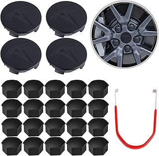 CHANG Matte Black Tesla Model 3 Wheel Center Hub Cap Kit, Model S Model X Wheel Cap Kit Center Cap Lug Nut Cover with 4 Hub Center Caps +20 Lug Nut Covers For Black T-001