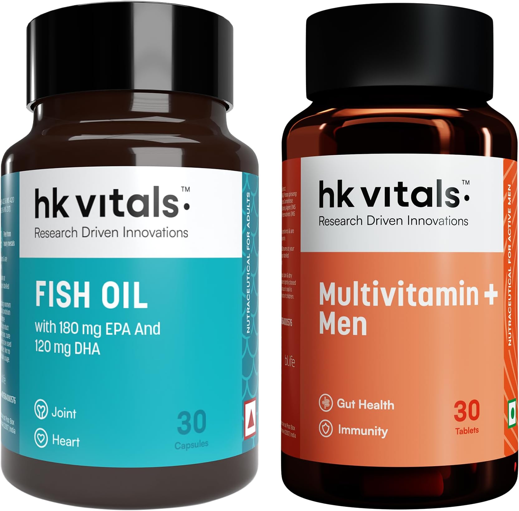 hk vitals Multivitamin Plus Men, 30 Tablets with Fish Oil Capsules For Men And Women (1000mg Omega 3 with 180 mg EPA & 120 mg DHA), 30 Capsules (Combo Pack)