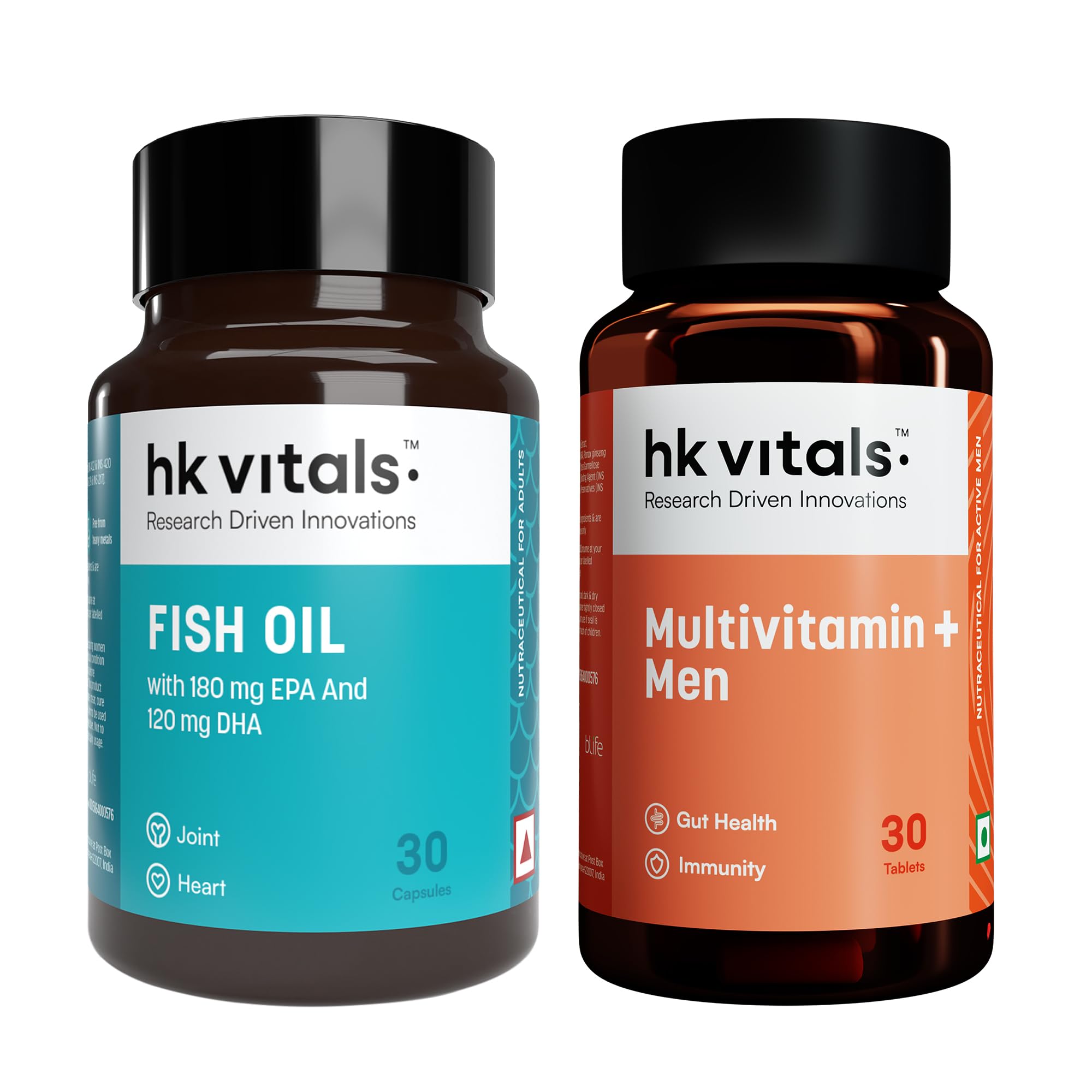 hk vitals Multivitamin Plus Men, 30 Tablets with Fish Oil Capsules For Men And Women (1000mg Omega 3 with 180 mg EPA & 120 mg DHA), 30 Capsules (Combo Pack)