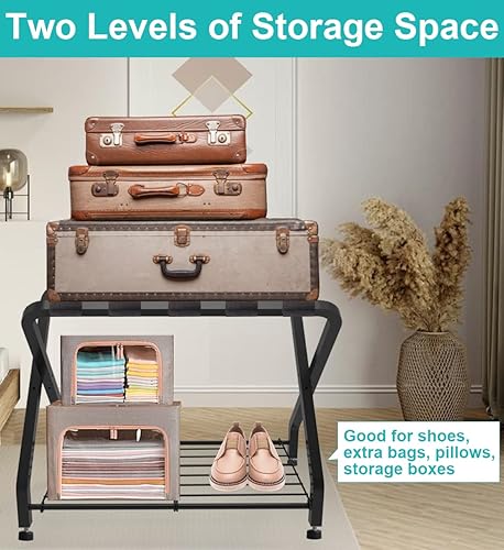 Miniatura 7 de Portaequipajes plegable con estante de almacenamiento de 2 niveles, organizador de equipaje plegable con marco de acero para maleta, soporte de