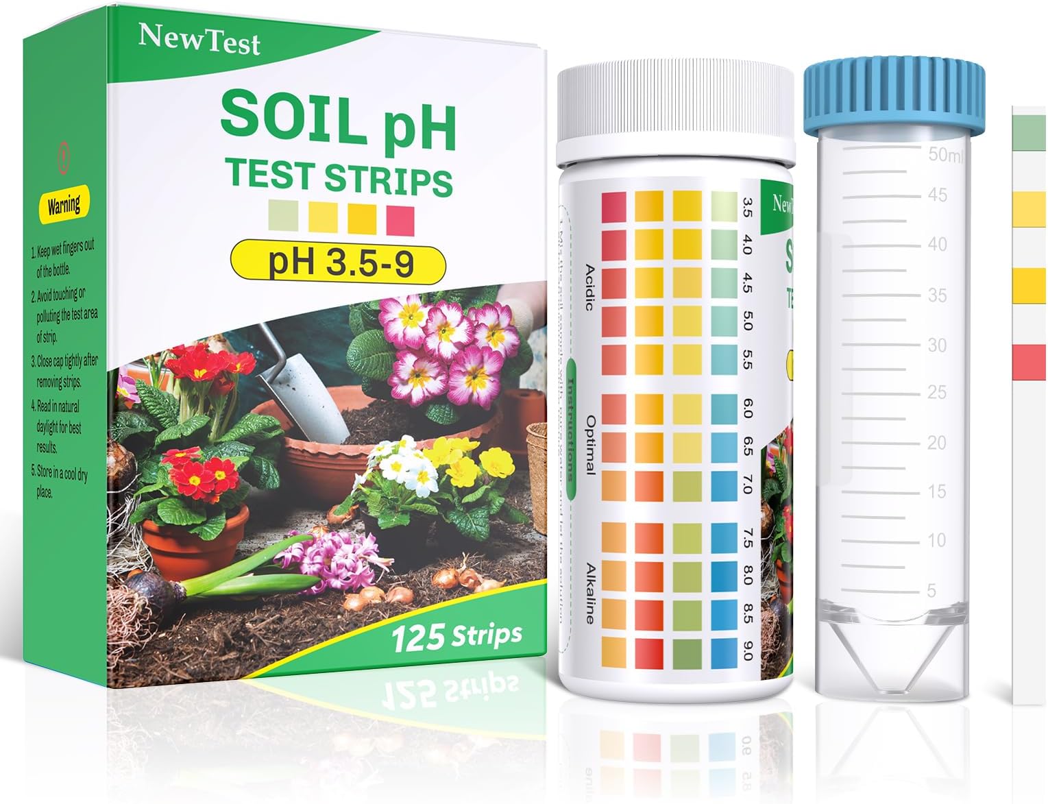 NewTest Soil pH Test Kit: Upgraded 125 Soil pH Test Strips with Measuring Cylinders for Accurate Testing pH Level of Garden Lawn Grass Flower Vegetable Compost Dirt