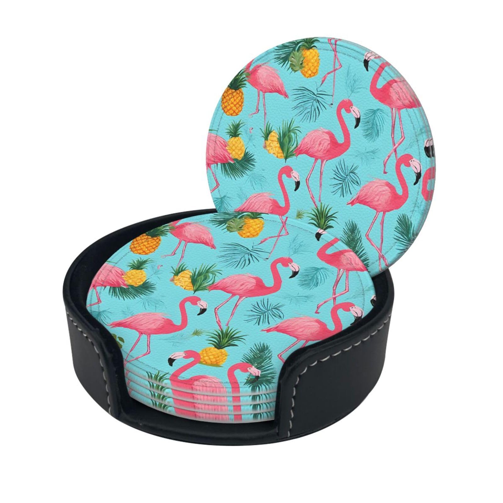 Flamingo Print Print Coaster,Round Leather Coasters with Storage Box for Wine Mugs,Cold Drinks and Cups Tabletop Protection (6 Piece)