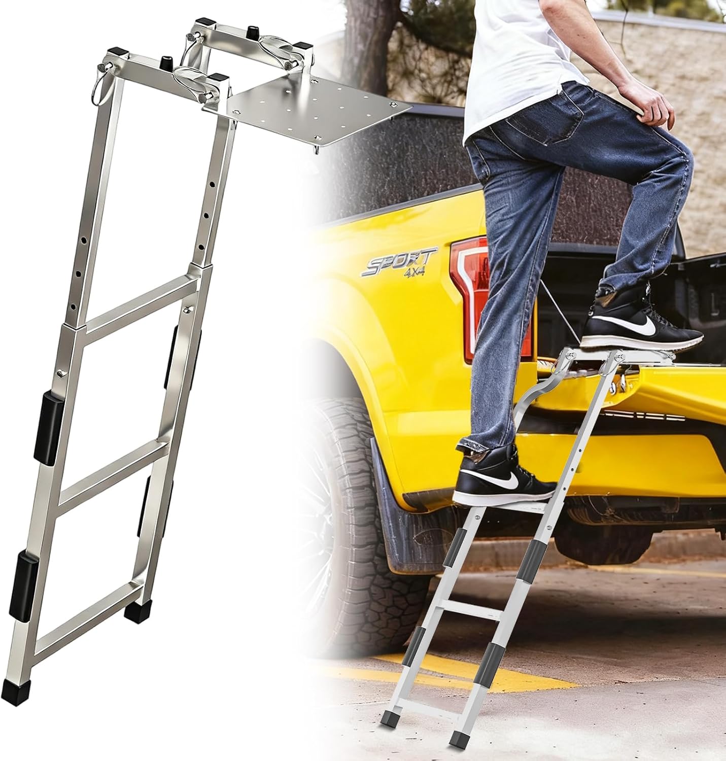 Tailgate Ladder for Pickup Trucks Bed Universal Fit - Rust-Proof Stainless Steel Truck Step Adjustable to 42", Non-Slip Aluminium Steps & Replaceable Rubber Feet, Driving Safety Straps & Bump Pads