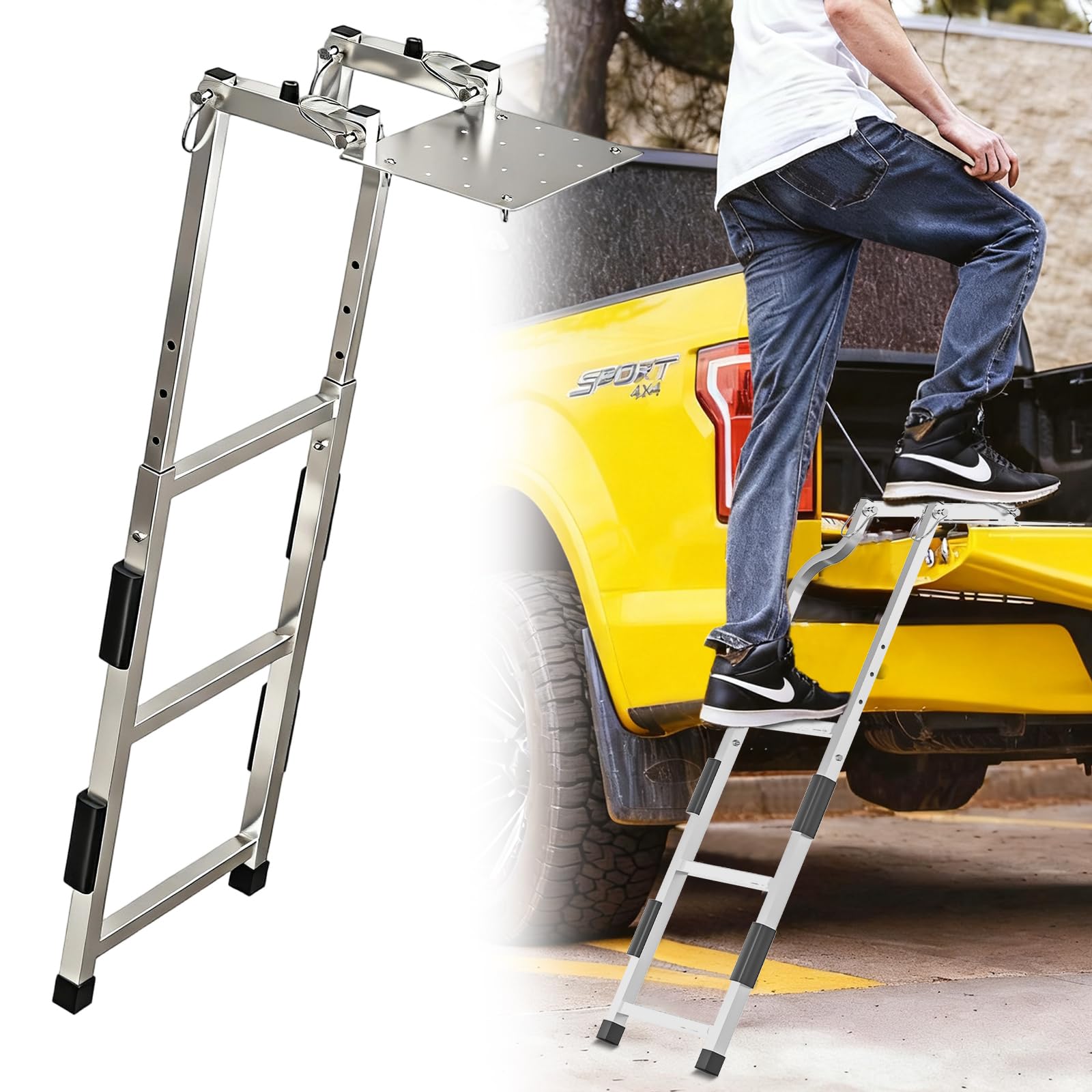 Pickup Truck Tailgate Ladder, 34"-41" Adjustable Rustproof Stainless Steel