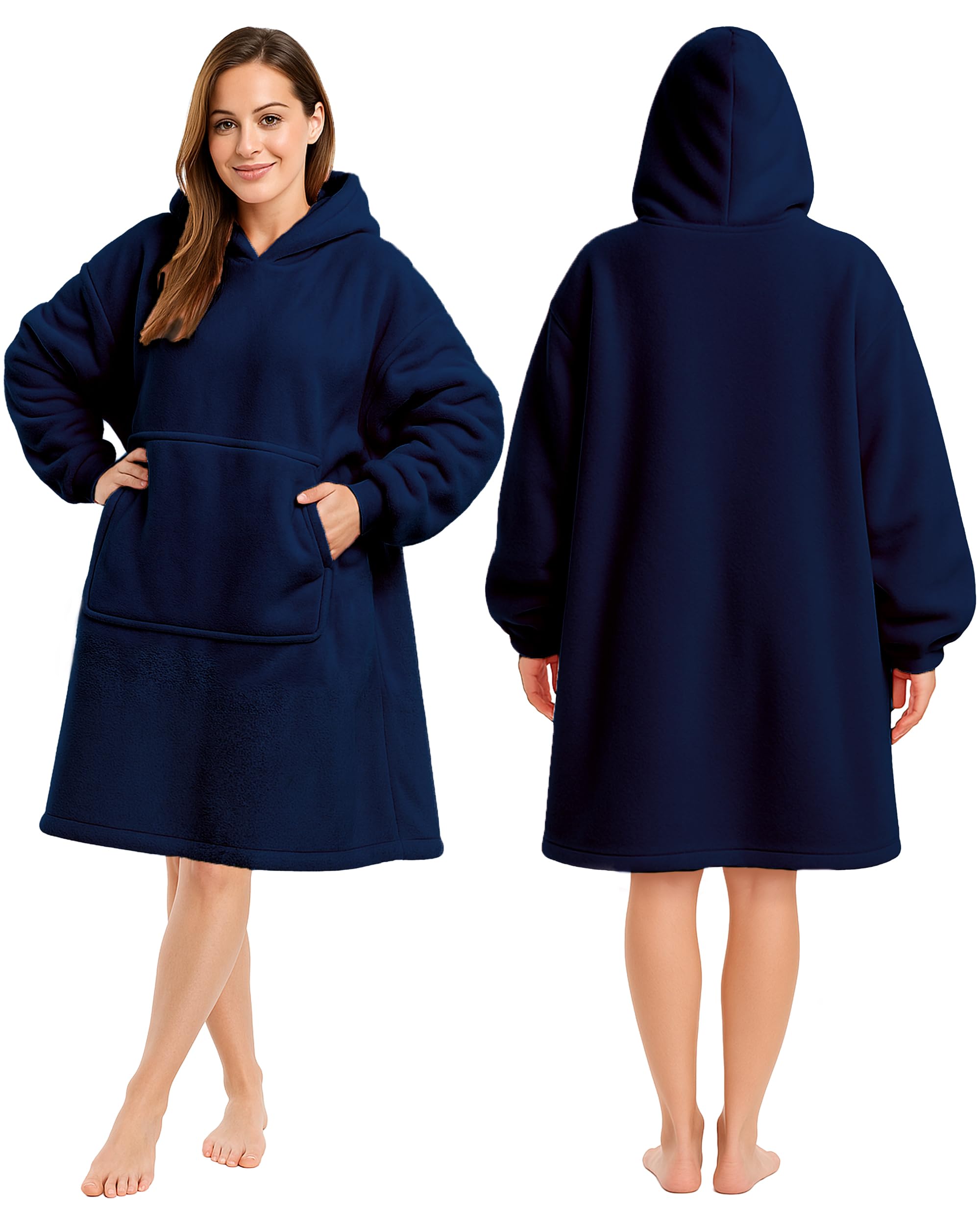 Keplin Navy Oversized Blanket Hoodie – Ultra Soft Fleece & Sherpa Lined Wearable Hoodie Blanket With Large Pocket And Elasticated Cuffs – One Size Fits Most For Lounging, Travel, Camping & Home Comfort