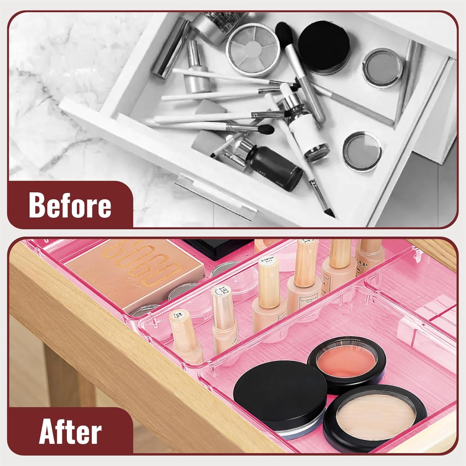 MECHDEL Polypropylene Set of 2 Drawer Organiser/Unbreakable Drawer Organizers/Dressing Table Organizer/Multi-Purpose Storage Boxes/Drawer Divider Tray for Kitchen/Bedroom/Office - (Pink)| Made in India 5