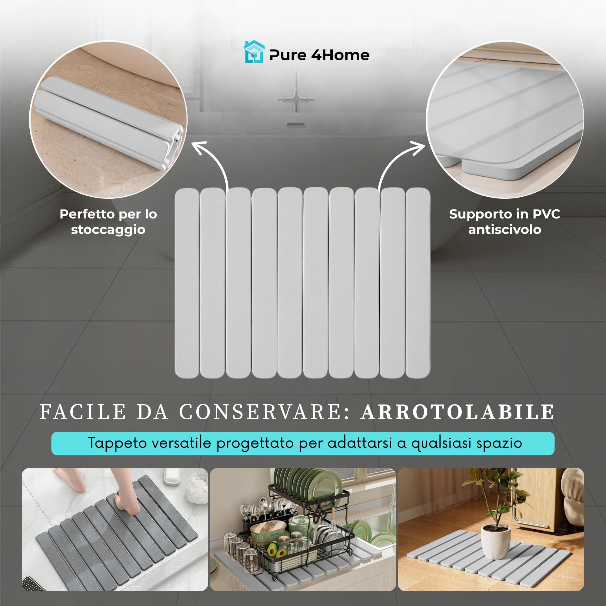 Pure 4Home Tappeto Bagno Diatomite Pieghevole 60x39cm | Pietra Assorbente con Rete Antiscivolo per Doccia o Cucina | Asciugatura Rapida e Sicura | Tappeto in Pietra Naturale (Grigio)