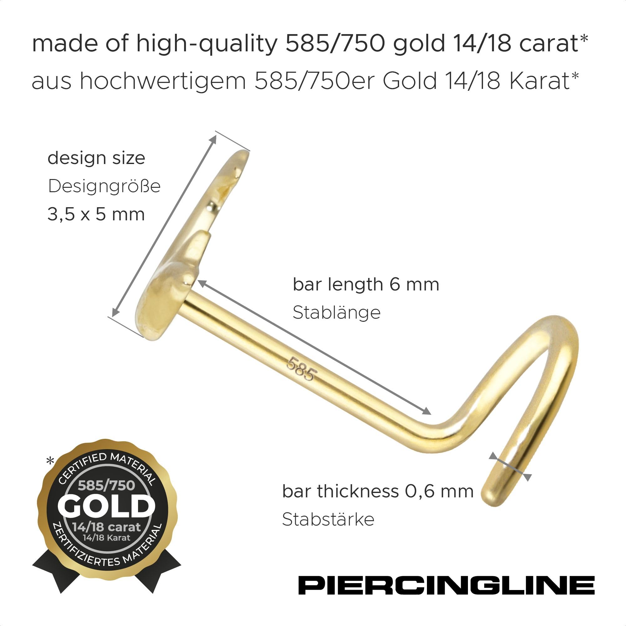 PIERCINGLINE Nasenpiercing 14K Gold Nasenstecker Spirale DELFIN 585er Gold - Roségoldfarben, Goldfarben, Silberfarben