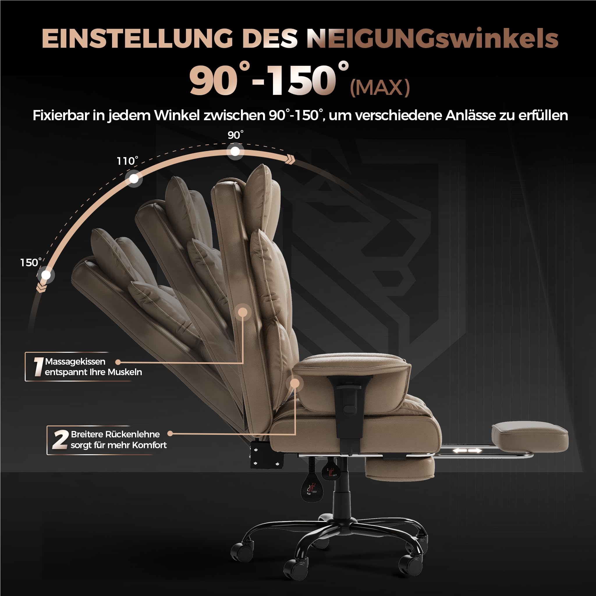 LZQ Ergonomischer Bürostuhl Leder Chefsessel mit Fußstütze, Gaming Stuhl Computerstuhl aus PU, 90-150° Verstellbare Rückenlehne, Höhenverstellbare Armlehnen, 150kg Belastbar für Büro, Braun