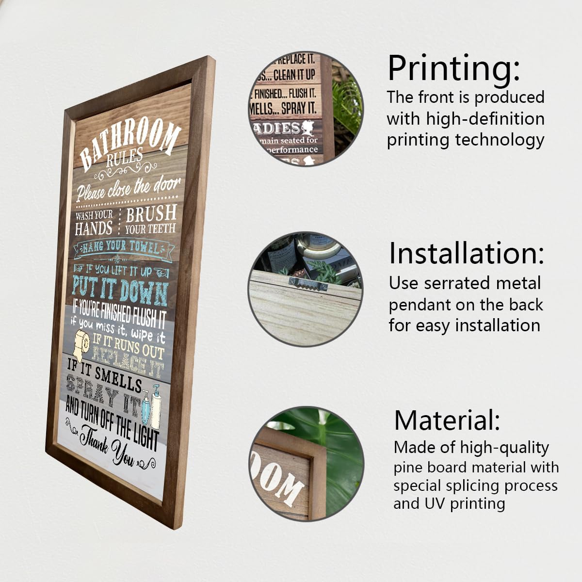 Rustic Bathroom Rules Sign, Wall Art - Hanging Wooden Decor - Image 3