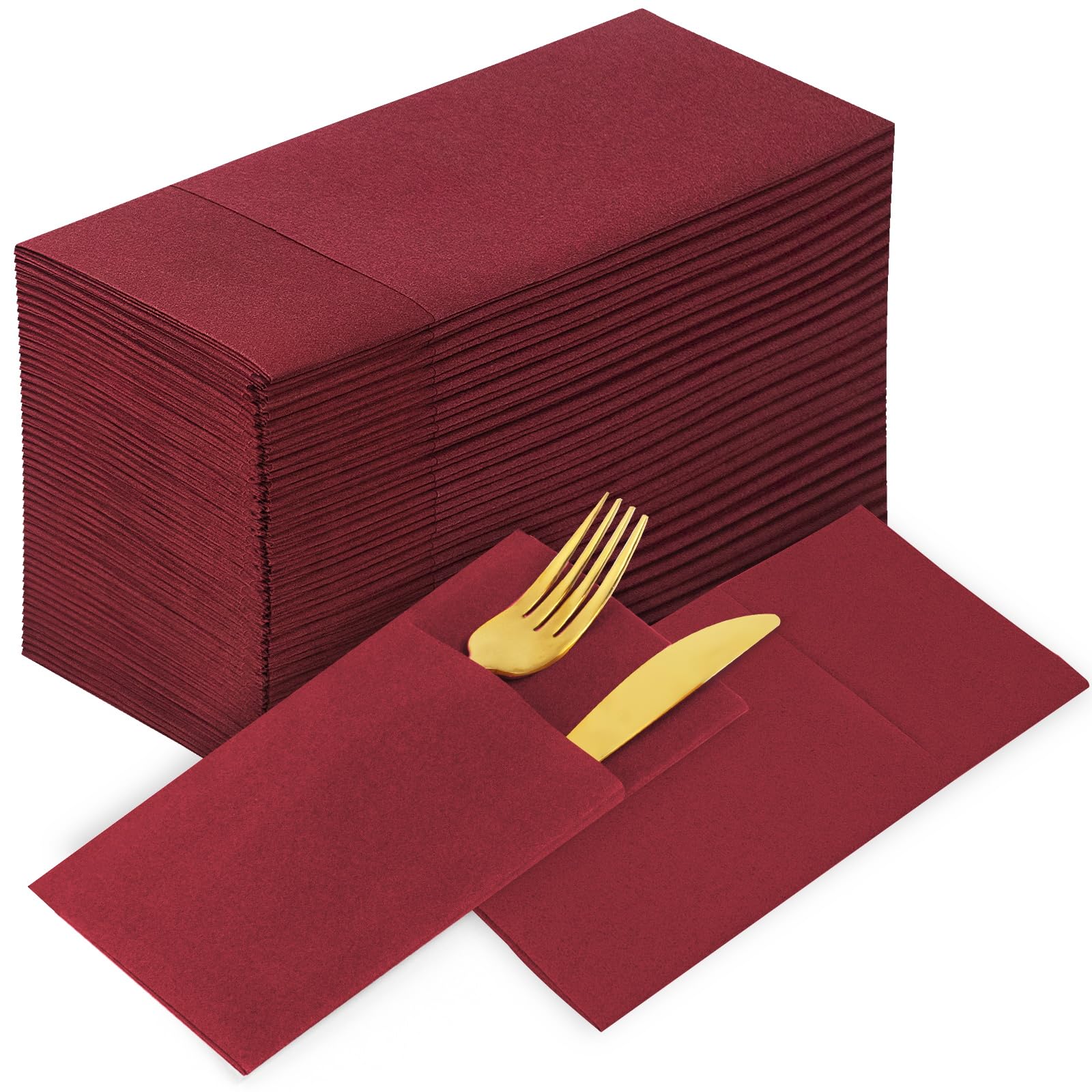 Photo 1 of KAMMAK Burgundy Napkins Disposbale Wine Red Cloth like Paper Dinner Napkins with Pocket 100 Pack Guest Hand Towel for Party Decoration, Wedding Reception, Bathroon, Restaurant (16.5 x 16.5 inch)
