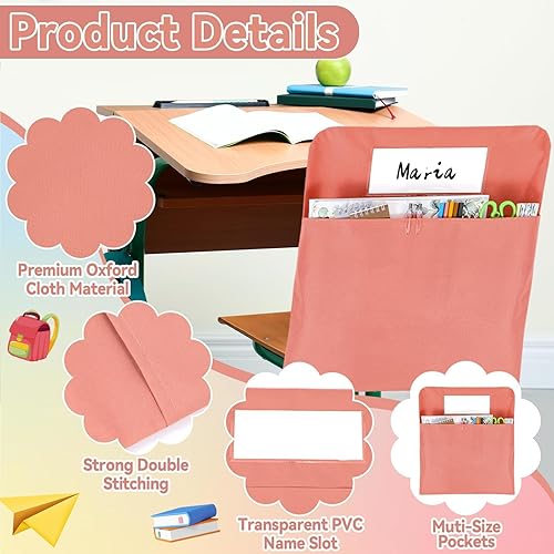 Miniatura 3 de 12 bolsillos para sillas de aula de 17 x 20 pulgadas, sacos de asiento con etiqueta de nombre para silla de aula, tabla de bolsillo para sillas K-2,