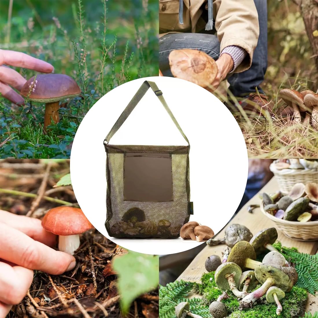 Borsa per la raccolta funghi verdi in rete con tracolla regolabile, borsa da picnic