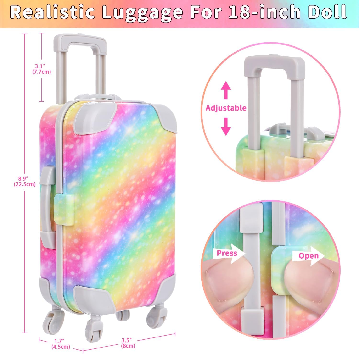 18" Doll Accessories Suitcase Doll Travel Playset Rainbow Style for Kid Christmas Birthday Gifts