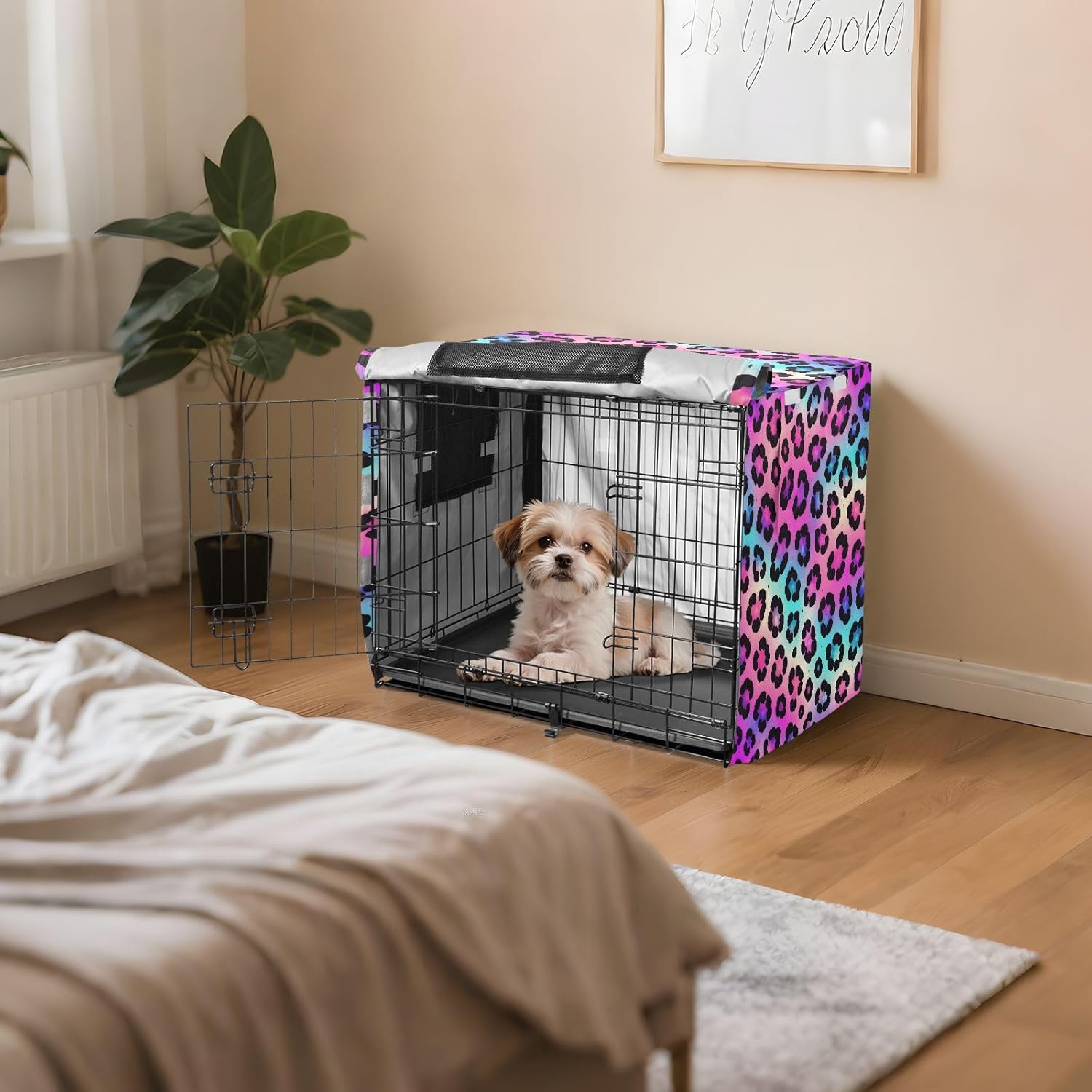 Neon Leopard Dog Crate Cover 600D Oxford Pet Kennel Cover with Mesh Window for Dog Cages, Windproof Waterproof Machine Washable, 48"x30"x33"
