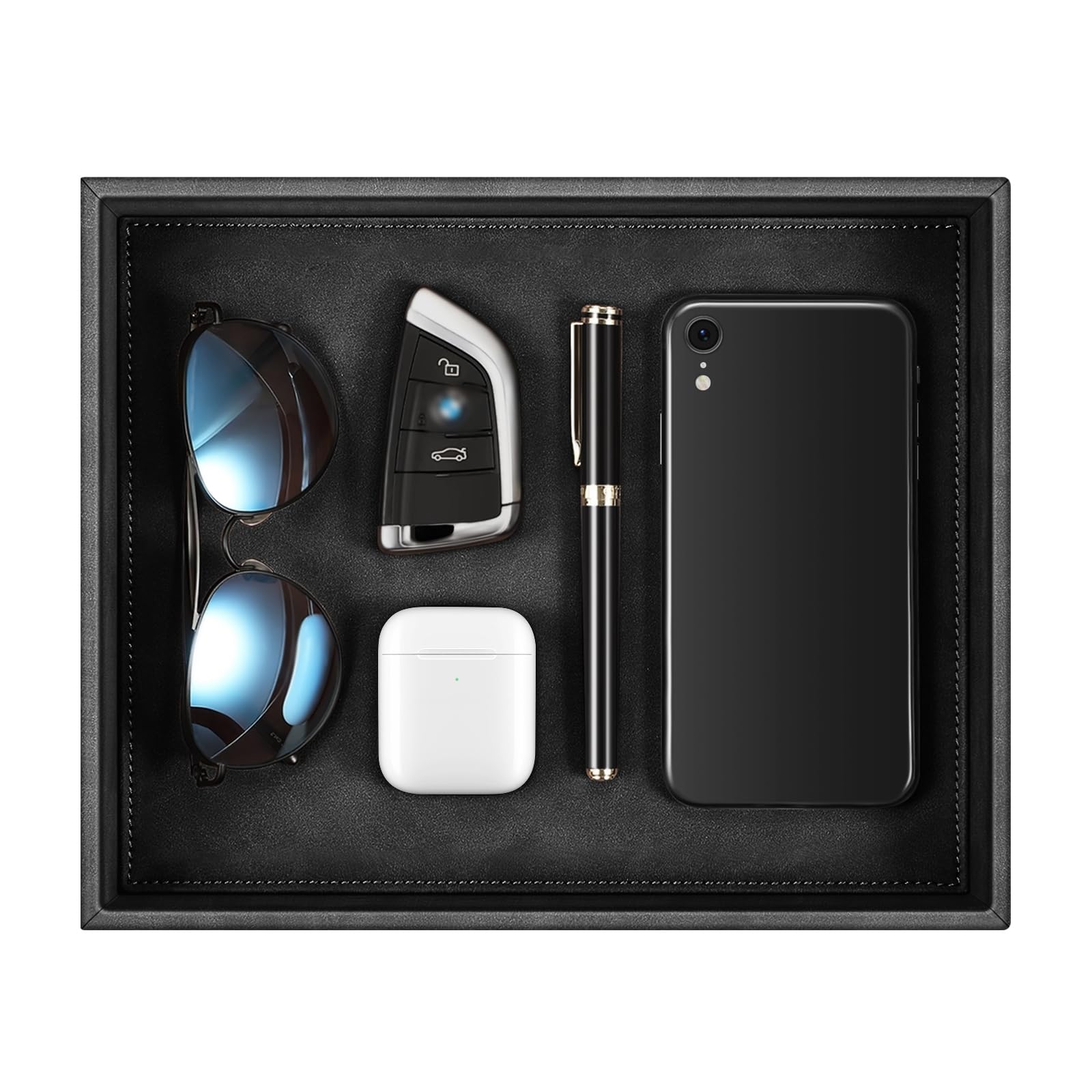 Sithon Valet Organiser, PU Leather Catchall Tray with Bedside Vanity & Nightstand Caddy - Coin Box, Key & Jewelry Storage, Black