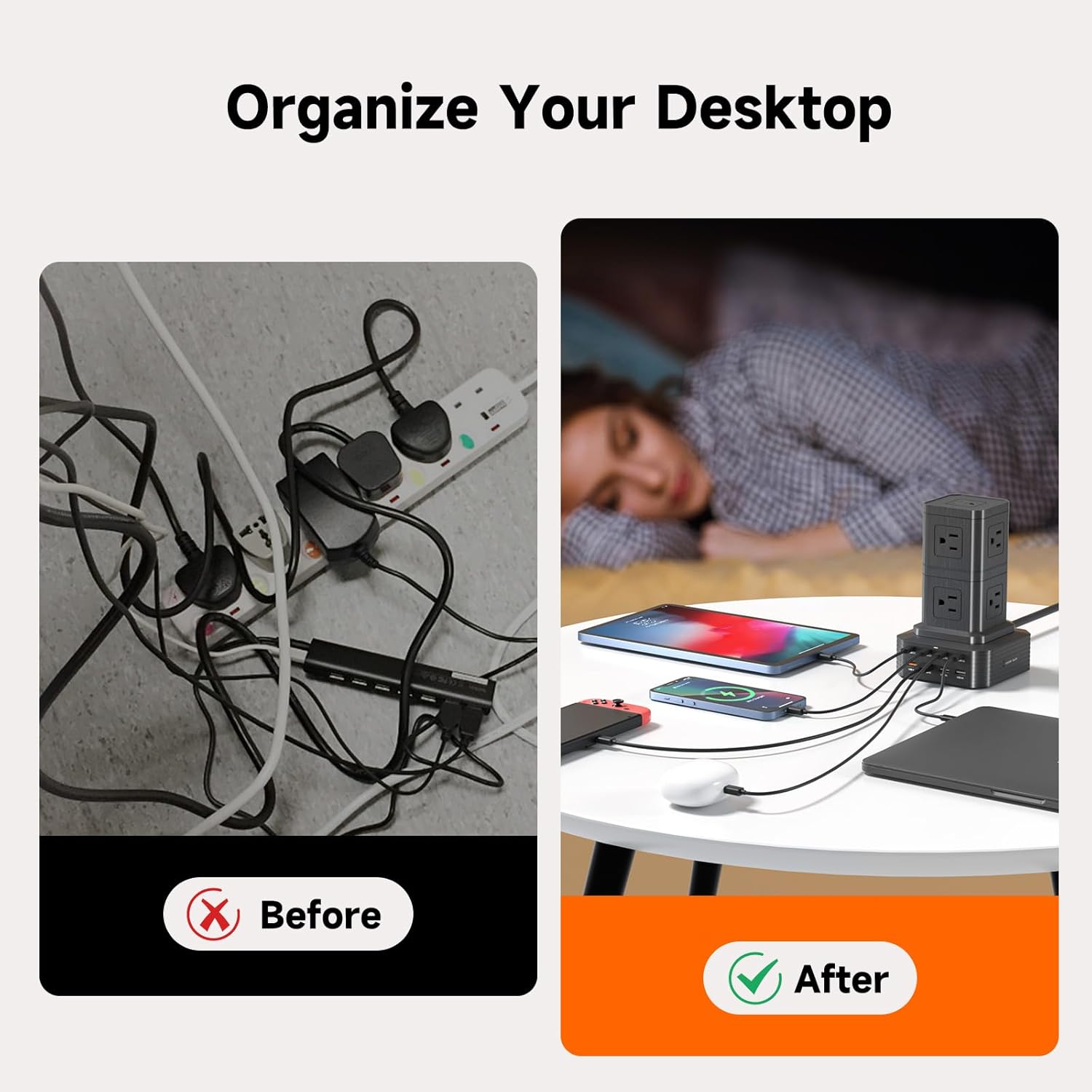 Charging Station (100W), 17-in-1 USB C Power Strip with Surge Protection, 6.6Ft Extension Cord, 4 USB C and 4 USB A Ports, 9 AC Outlets for Home Office Dorm Room