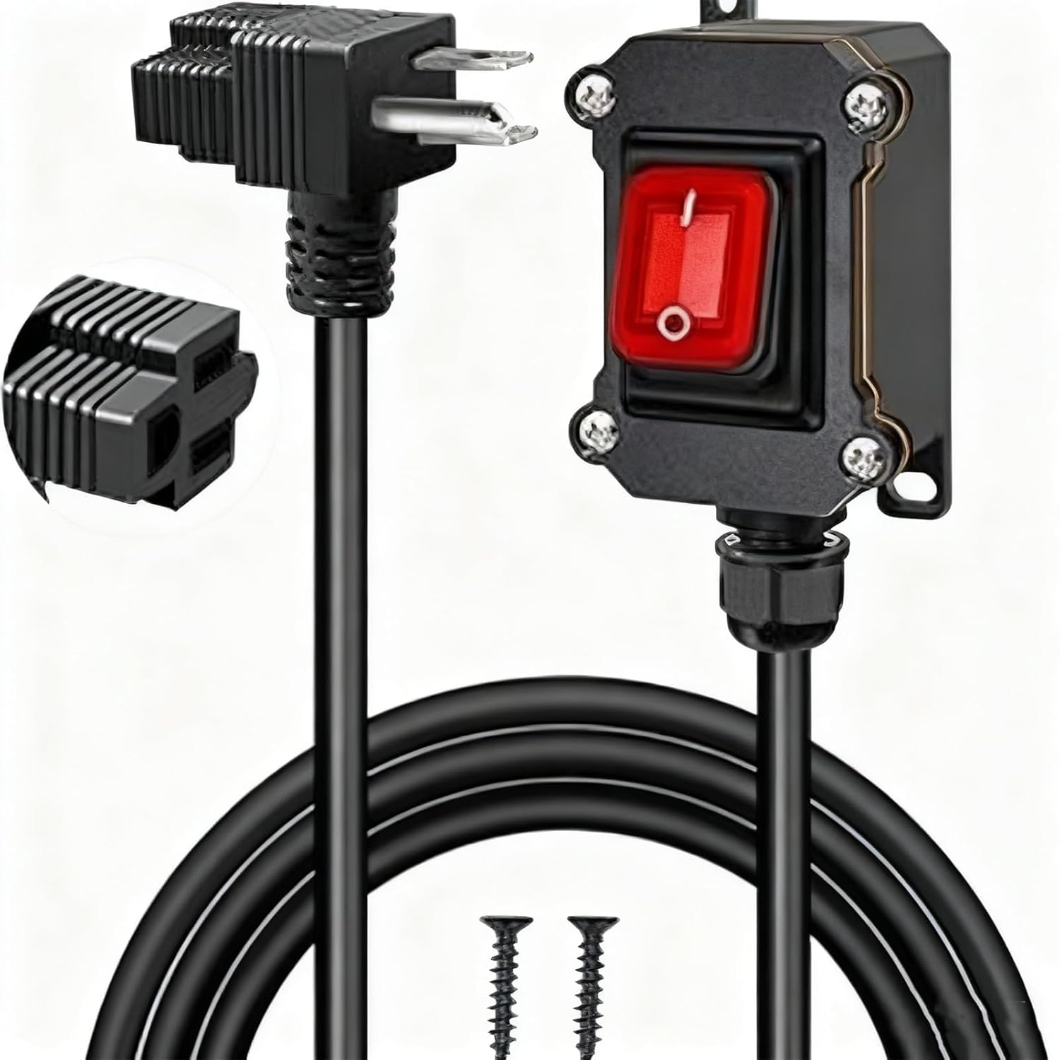 Inline Cord Switch, 3-Pronged Piggyback Plug Extension Cord - 3.3FT 14AWG Cable, IP67 Waterproof, On/Off Red LED Rocker Button, 20A-125V AC/DC (3.3FT)