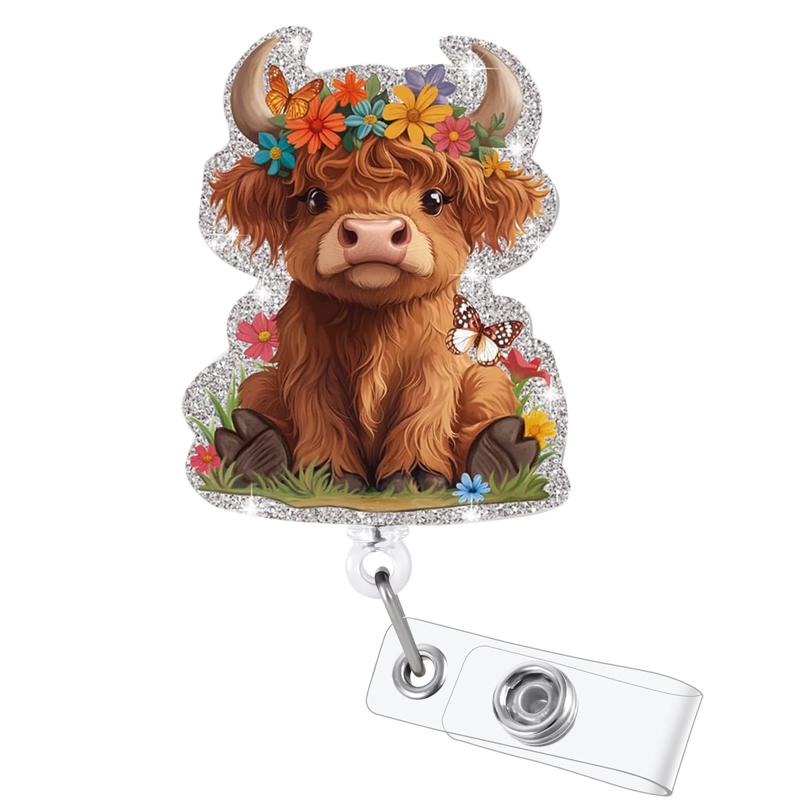 Funny Badge Reel, Cute Highland Cow Retractable ID Card Badge Holder, Name Tag Pediatric Badge Clip for NICU RN LPN CNA MA ER Night Shift Nurse