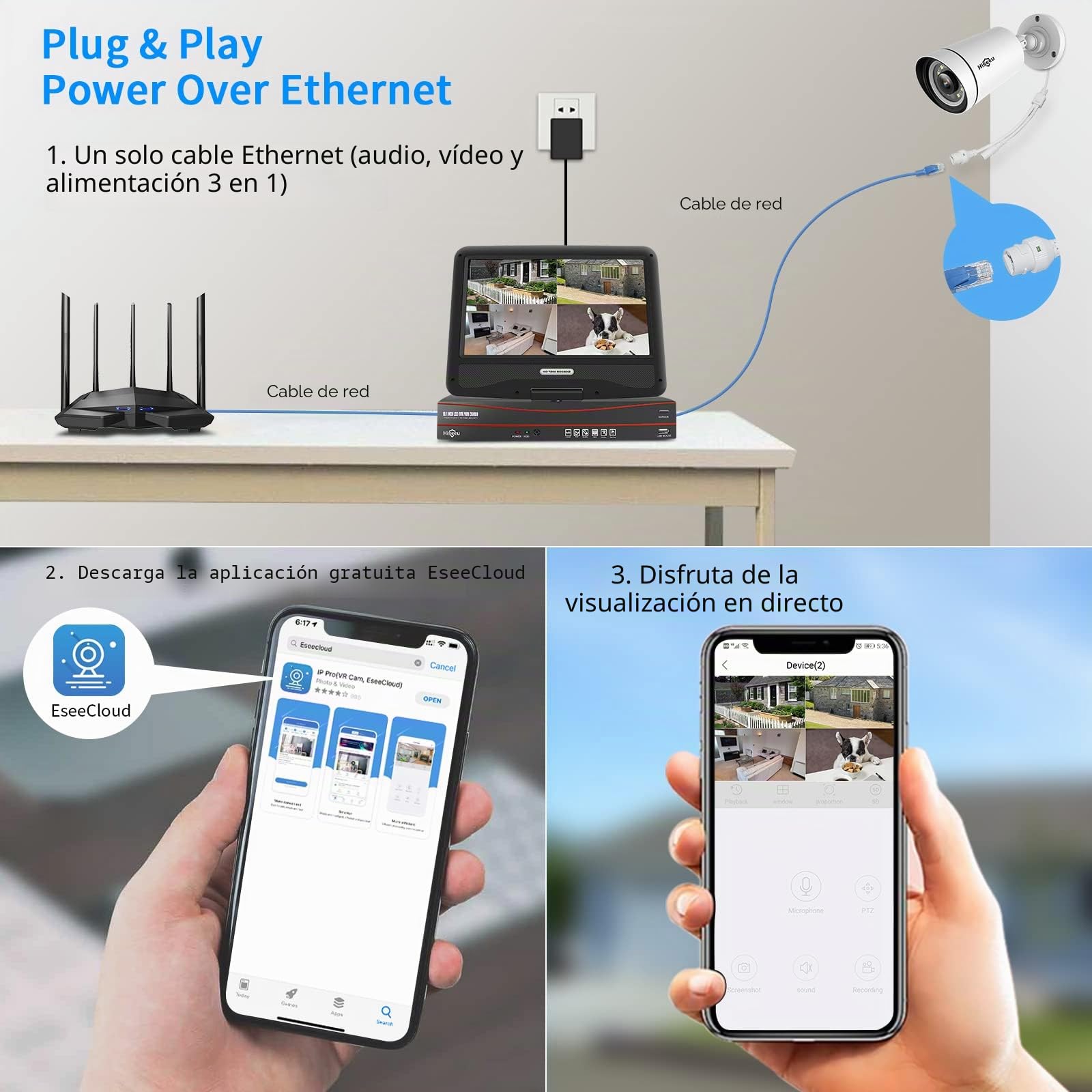 Hiseeu Kit de Cámaras de Vigilancia PoE 8CH 5MP, Sistema de Cámara Vigilancia con 10 Pulgada de Monitor,4x Cámara de Seguridad Exterior con Disco Duro de 3TB, Visión Nocturna Color