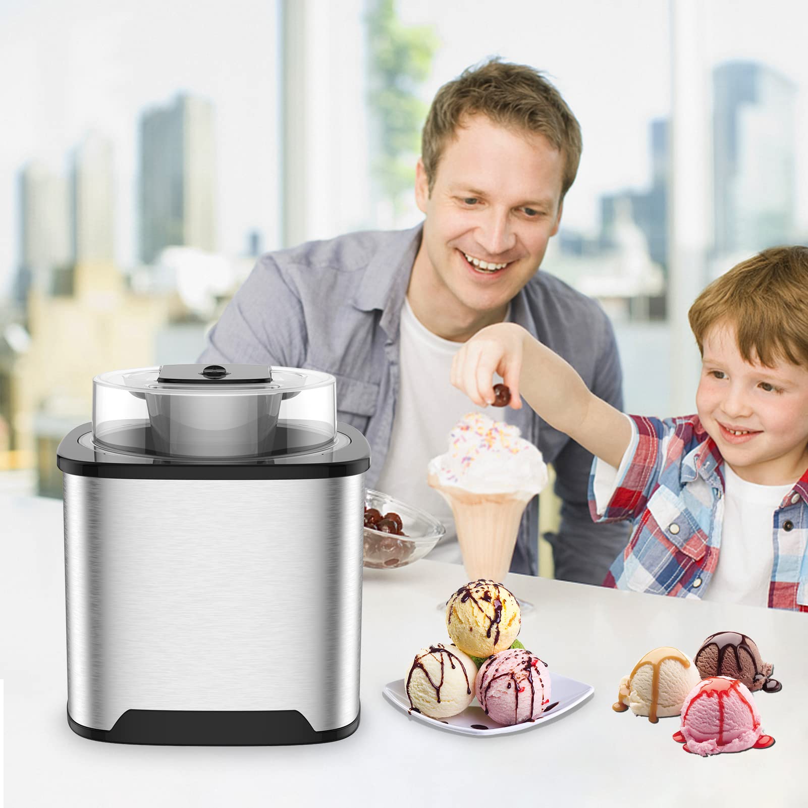 Sorbetière Turbine à Glace, Sorbetière Électrique, Machine à Glace en Acier Inoxydable, 2L Machines à Glace et Sorbetière pour Sorbet Glace, Crème Glacée et Yaourt Glacé